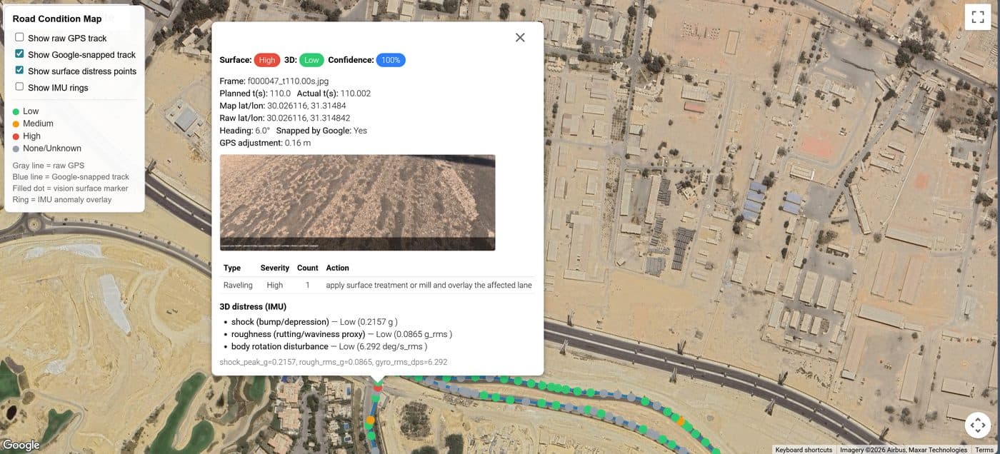 AI pavement condition map with distress severity layers